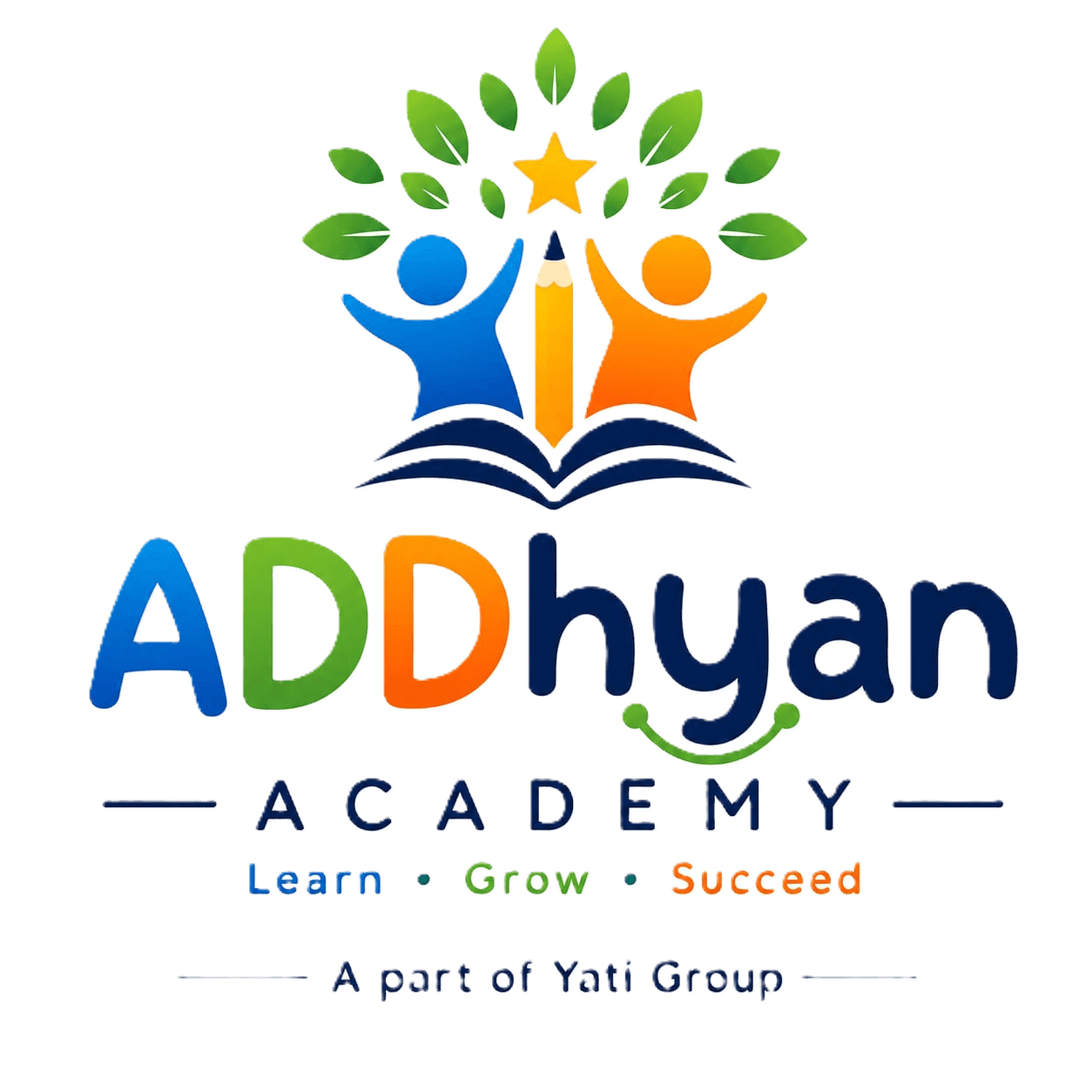 Addhyan Academy official logo: a book, learners and a star forming a tree of knowledge